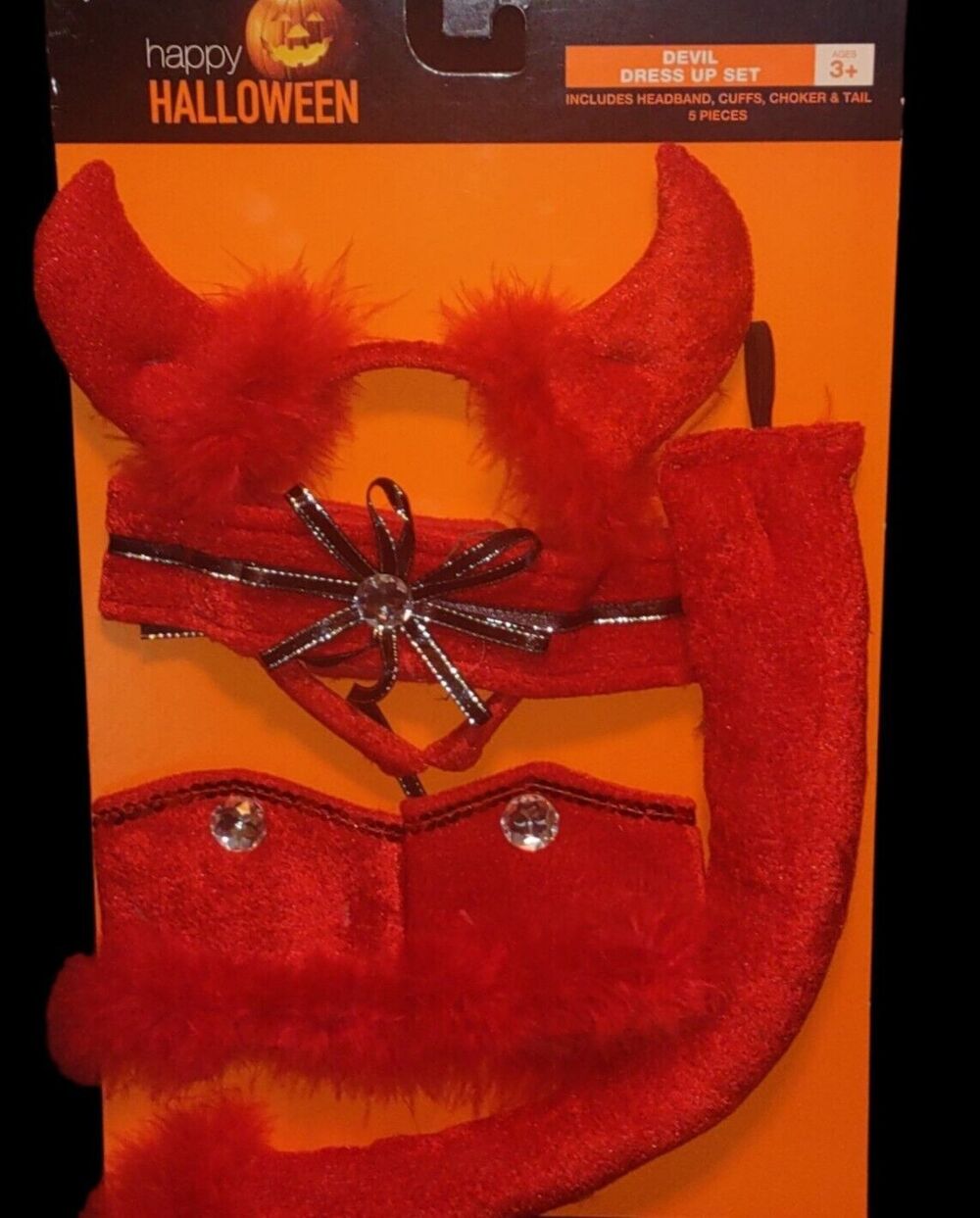 Halloween Red Devil Dress Up Set 5pc Headband cuffs choker tail girls age 3+